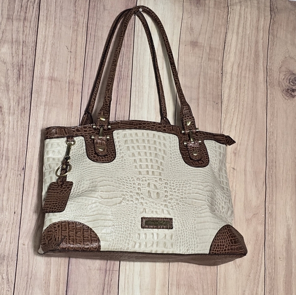 Etienne Aigner Leather Vintage Croc Embossed  Cream & Brown Tote Satchel 15x10" - Picture 6 of 15
